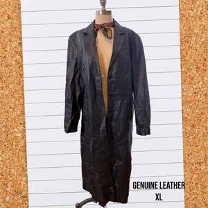 Vintage Newport News Black Genuine Leather Long Trench Coat Duster Size XL